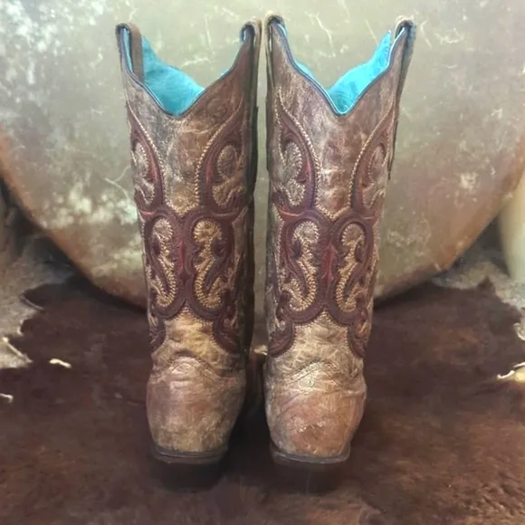 CORRAL C2902 Cognac &amp; brown distressed leather snip toe cowgirl boots sz 7 EUC