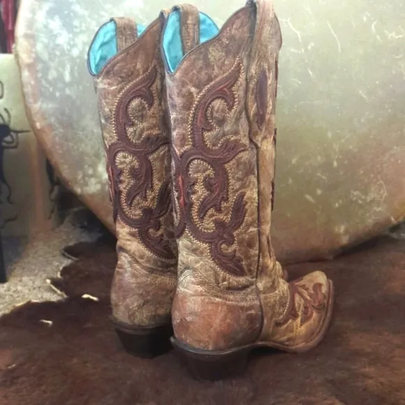 CORRAL C2902 Cognac &amp; brown distressed leather snip toe cowgirl boots sz 7 EUC