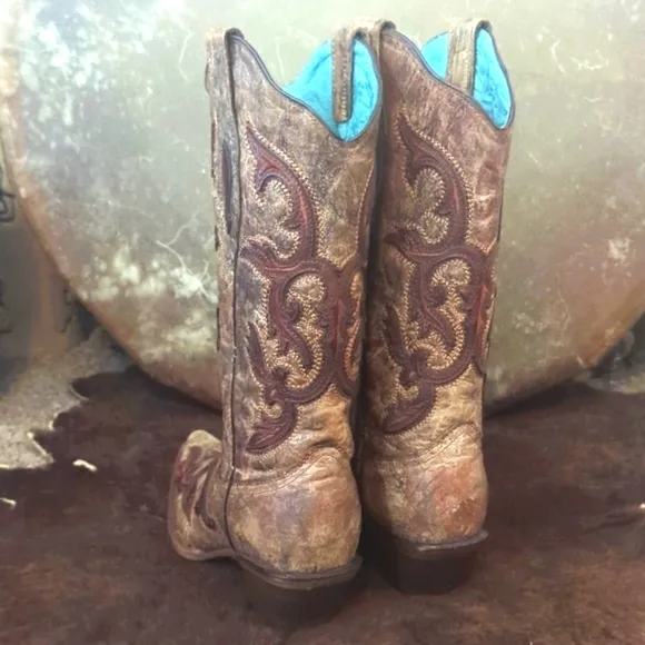 CORRAL C2902 Cognac &amp; brown distressed leather snip toe cowgirl boots sz 7 EUC