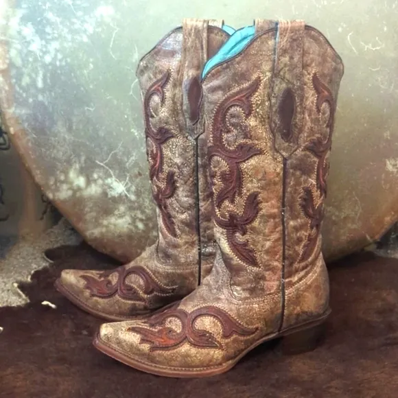 CORRAL C2902 Cognac &amp; brown distressed leather snip toe cowgirl boots sz 7 EUC
