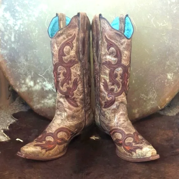 CORRAL C2902 Cognac &amp; brown distressed leather snip toe cowgirl boots sz 7 EUC