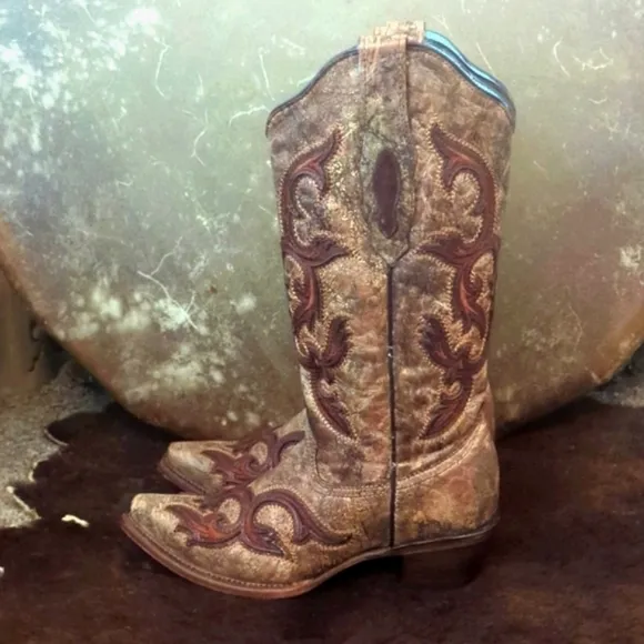 CORRAL C2902 Cognac &amp; brown distressed leather snip toe cowgirl boots sz 7 EUC