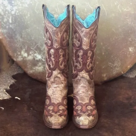 CORRAL C2902 Cognac &amp; brown distressed leather snip toe cowgirl boots sz 7 EUC