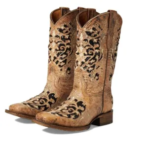 Corral Tan &amp; black glitter Inlay &amp; embroidery boots T0042 Size 4 Girls