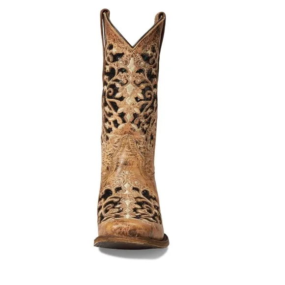 Corral Tan &amp; black glitter Inlay &amp; embroidery boots T0042 Size 4 Girls