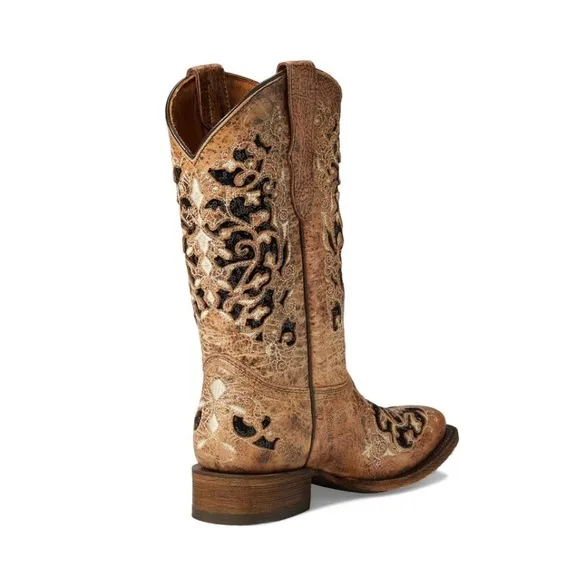 Corral Tan &amp; black glitter Inlay &amp; embroidery boots T0042 Size 4 Girls