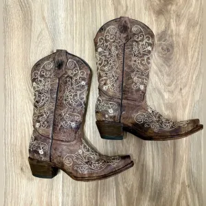 Corral Teen Brown Cowhide Beige Embroidery Western Boot A1119 USA size 3.5 EUC