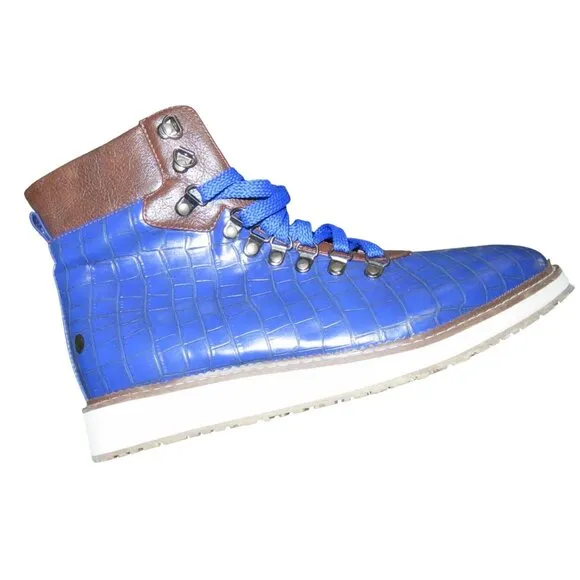 Croc Alligator Embossed Cobalt Blue Vegan Leather Jumper Hiking Boots 42 or 8.5