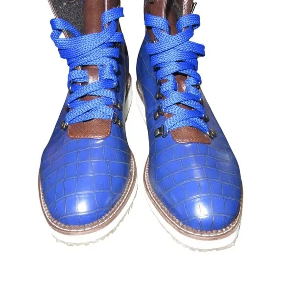 Croc Alligator Embossed Cobalt Blue Vegan Leather Jumper Hiking Boots 42 or 8.5