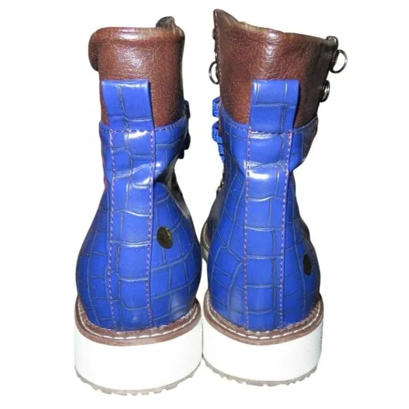 Croc Alligator Embossed Cobalt Blue Vegan Leather Jumper Hiking Boots 42 or 8.5