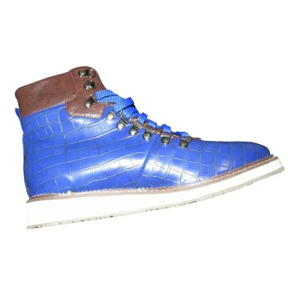 Croc Alligator Embossed Cobalt Blue Vegan Leather Jumper Hiking Boots 42 or 8.5