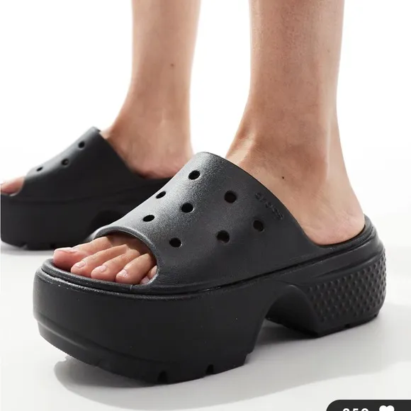 Crocs Black Stomp Stacked Slider Platform Slides size 7