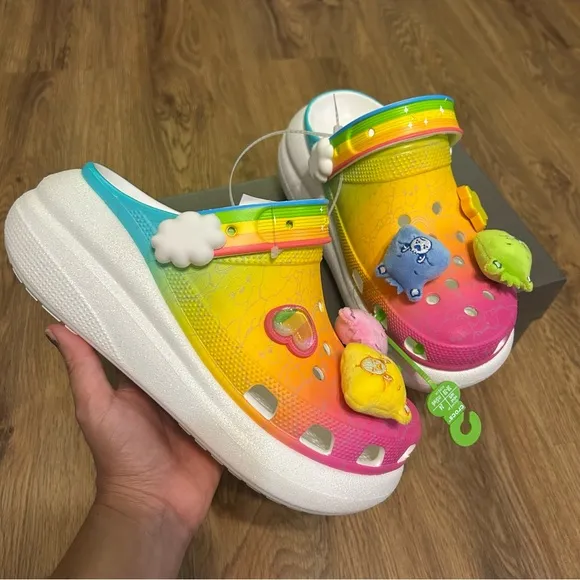 CROCS Care Bears x Wmns Crush Clog 'Rainbow' platform clogs mules sandals sz8