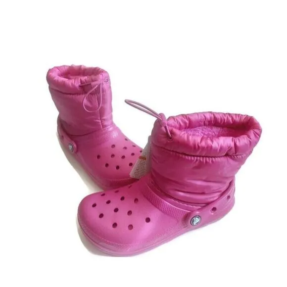 Crocs Classic Lined Neo Puff Slip On Boot K Girls Size J2 Fuchsia Fun Pink