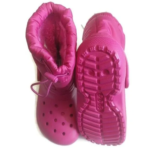 Crocs Classic Lined Neo Puff Slip On Boot K Girls Size J2 Fuchsia Fun Pink
