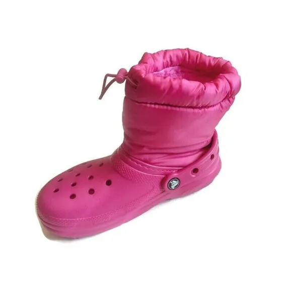 Crocs Classic Lined Neo Puff Slip On Boot K Girls Size J2 Fuchsia Fun Pink