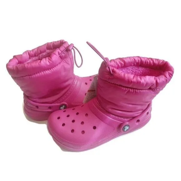 Crocs Classic Lined Neo Puff Slip On Boot K Girls Size J2 Fuchsia Fun Pink