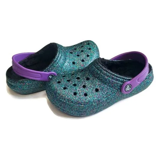 CROCS Kids Size J1 Classic Glitter Lined Clog K Lightweight Slip On Clogs Shoes