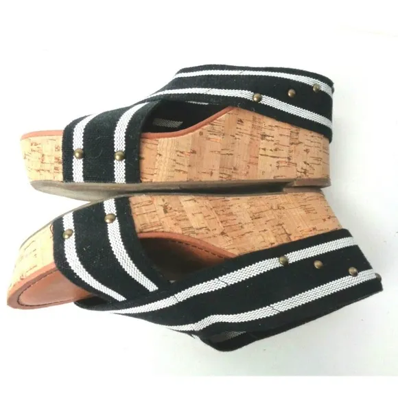 CROWN VINTAGE Anthropologie Black White Elastic Slide Wedge Sandals Shoes 10M