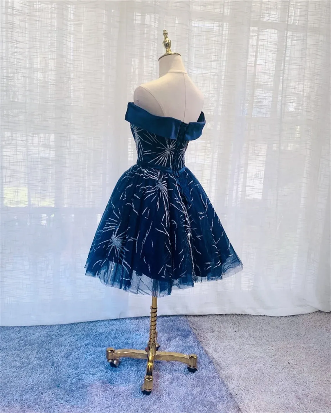 Cute Navy Blue Tulle Short Homecoming Dress, Blue Off Shoulder Prom Dress