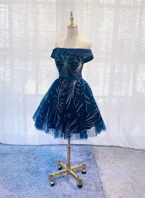 Cute Navy Blue Tulle Short Homecoming Dress, Blue Off Shoulder Prom Dress