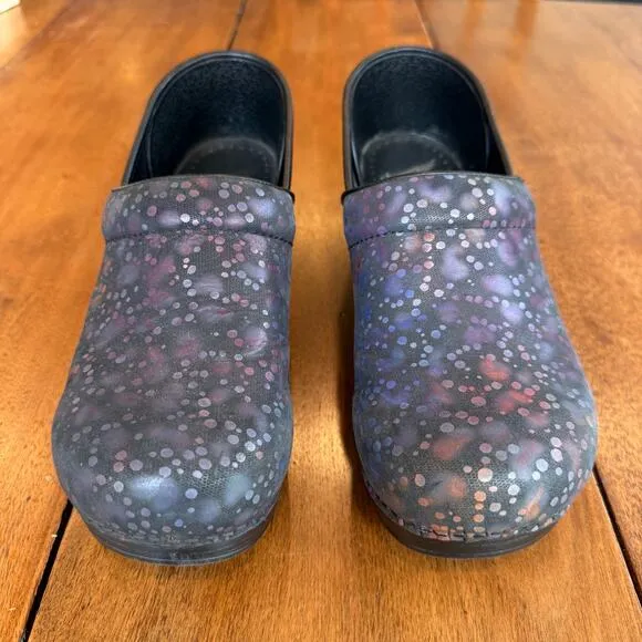 Dansko Black Iridescent Paint Splatter Leather Professional Clogs Shoes EU 40