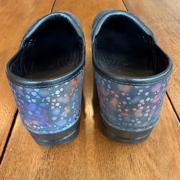 Dansko Black Iridescent Paint Splatter Leather Professional Clogs Shoes EU 40