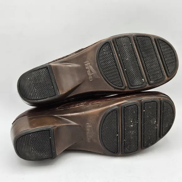Dansko brown leather floral 1&quot;platform 2&quot; heel clog 40 - US 9.5 / 10