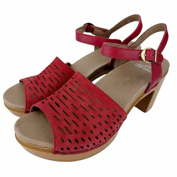 Dansko Denita Sandals Red Leather Perforated Platform Heeled Shoes 40 / 9.5-10