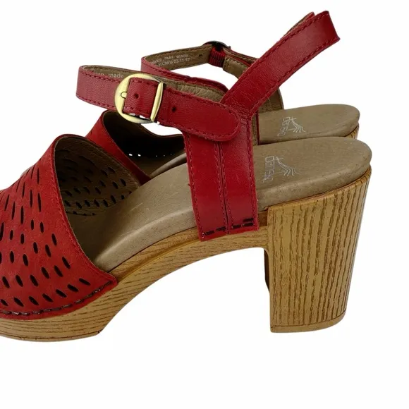 Dansko Denita Sandals Red Leather Perforated Platform Heeled Shoes 40 / 9.5-10