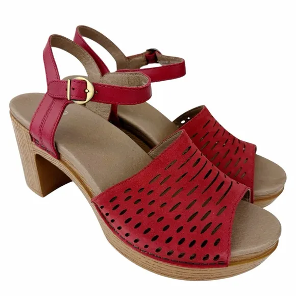 Dansko Denita Sandals Red Leather Perforated Platform Heeled Shoes 40 / 9.5-10