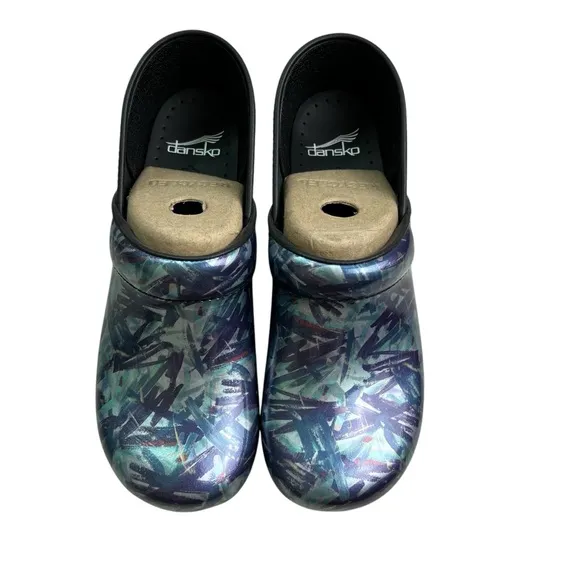 Dansko NEW Women's Professional Patent Paint Blue Patterned Clogs 40 (9.5-10)