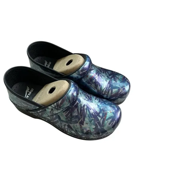 Dansko NEW Women's Professional Patent Paint Blue Patterned Clogs 40 (9.5-10)