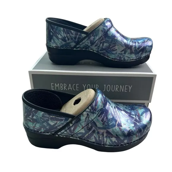 Dansko NEW Women's Professional Patent Paint Blue Patterned Clogs 40 (9.5-10)
