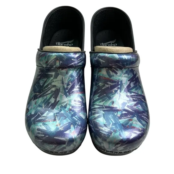 Dansko NEW Women's Professional Patent Paint Blue Patterned Clogs 40 (9.5-10)