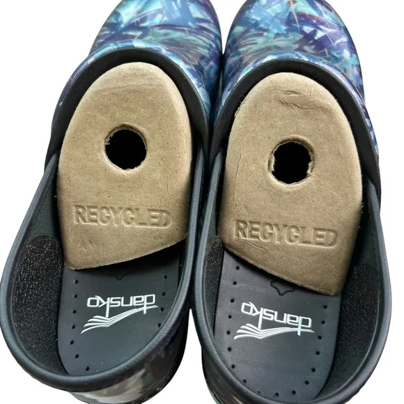 Dansko NEW Women's Professional Patent Paint Blue Patterned Clogs 40 (9.5-10)