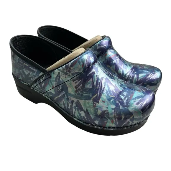 Dansko NEW Women's Professional Patent Paint Blue Patterned Clogs 40 (9.5-10)