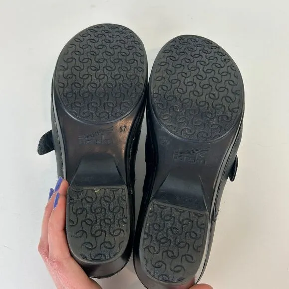Dansko  Tamara Heeled Buckle Black Leather Clogs Shoes Comfort Nursing 37 6.5  7