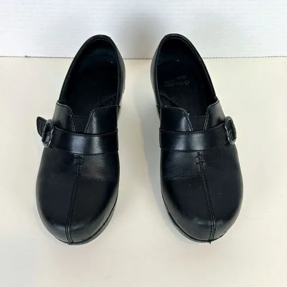 Dansko  Tamara Heeled Buckle Black Leather Clogs Shoes Comfort Nursing 37 6.5  7