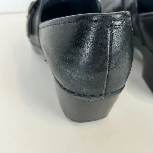 Dansko  Tamara Heeled Buckle Black Leather Clogs Shoes Comfort Nursing 37 6.5  7
