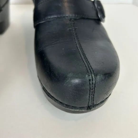 Dansko  Tamara Heeled Buckle Black Leather Clogs Shoes Comfort Nursing 37 6.5  7