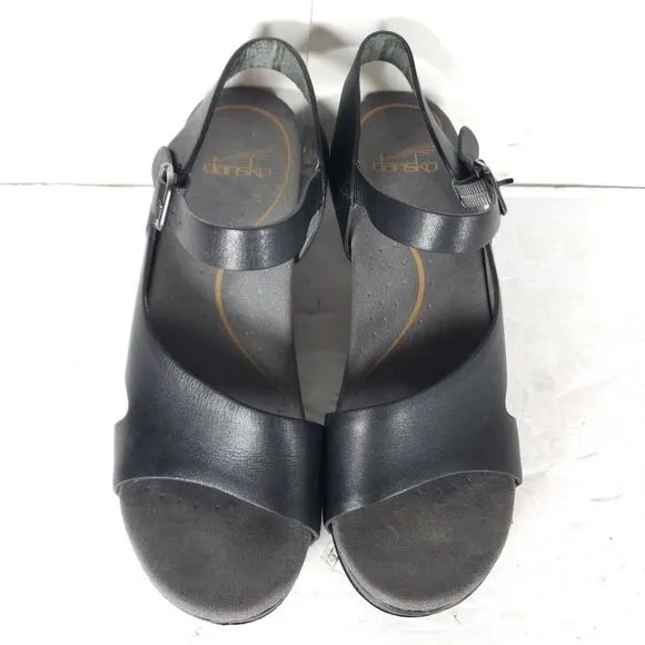 Dansko Women's Tasha EU37 US6-6,5 Black Leather Wedge Clogs Sandals Shoes