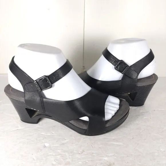 Dansko Women's Tasha EU37 US6-6,5 Black Leather Wedge Clogs Sandals Shoes