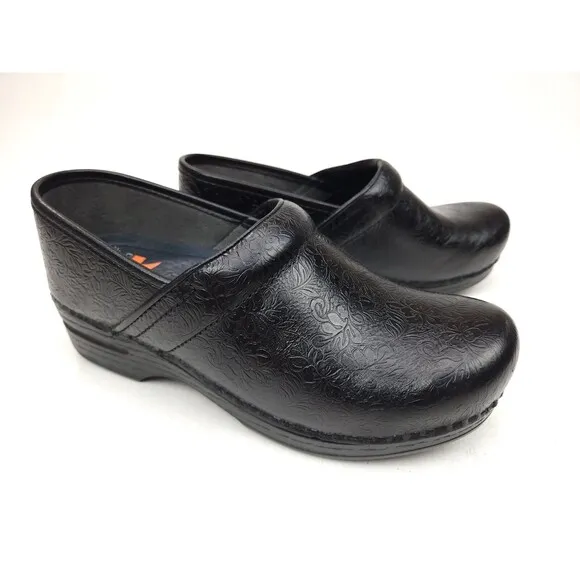 Dansko XP Black Tooled Embossed Floral Clog Nursing Shoes 38/US 7.5-8