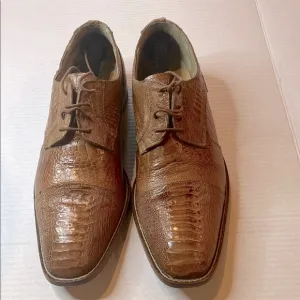 DAVID EDEN Brown Textured Ostrich Leather Derby Shoes with Brogue Detailing