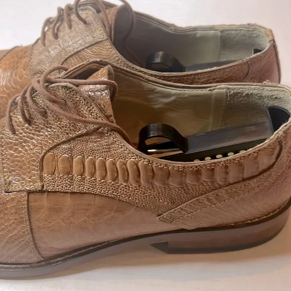 DAVID EDEN Brown Textured Ostrich Leather Derby Shoes with Brogue Detailing