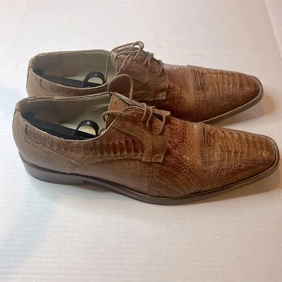 DAVID EDEN Brown Textured Ostrich Leather Derby Shoes with Brogue Detailing
