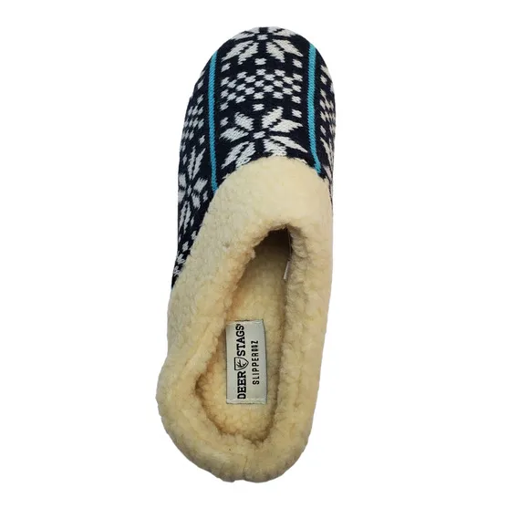 Deer Stags Mens Shoes Lodge Patterned Knit Slip On Slippers Navy White