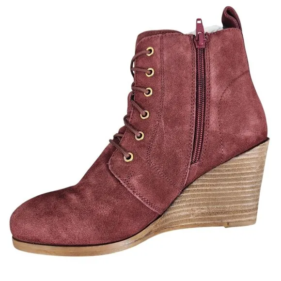 Diba Womens Blake Burgundy Suede Lace-Up Wedge Booties - Size 7.5
