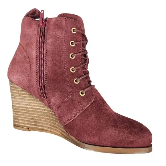 Diba Womens Blake Burgundy Suede Lace-Up Wedge Booties - Size 7.5